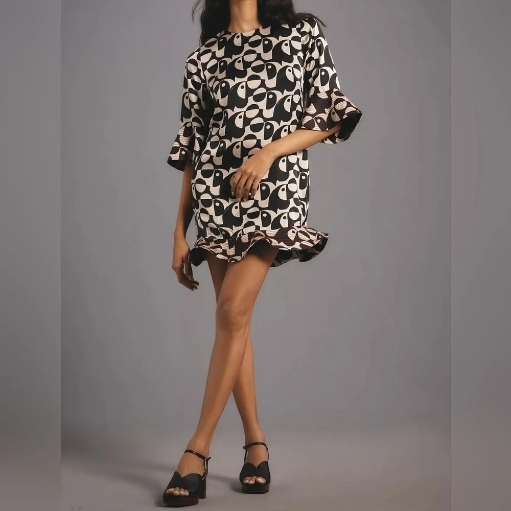 Farm Rio x Anthropologie Geo Toucan Mini Dress, Flutter Cuffs & Hem, Black White